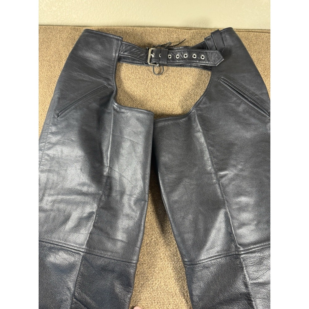 FMC First Manufacturing Co Black Leather Motorcycle Chaps Men's Size 5X 5XL - Picture 11 of 13